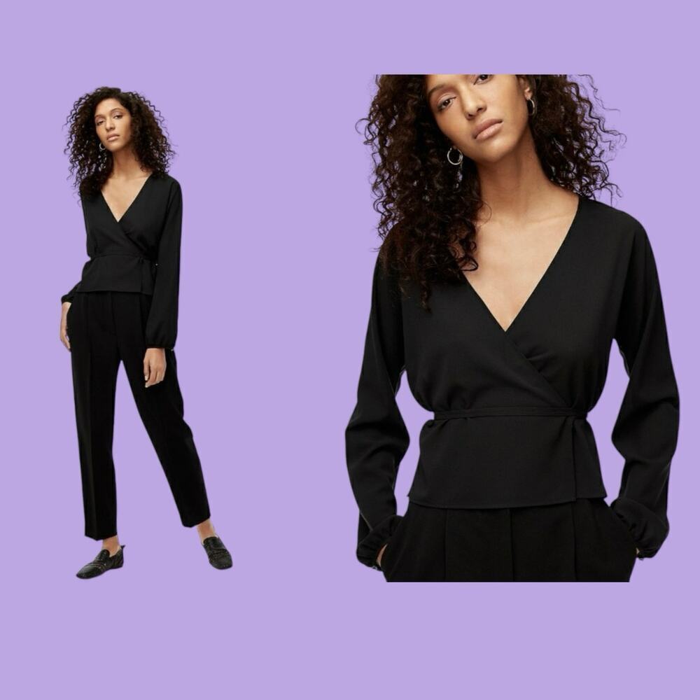 Wilfred Aritzia Black Lila Blouse Sheer Wrap Front Size Medium